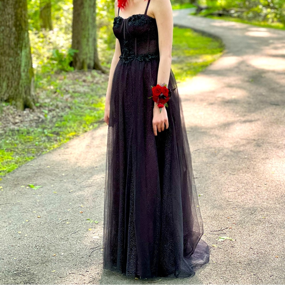Black Sequin Spaghetti Strap Corset Prom Dress